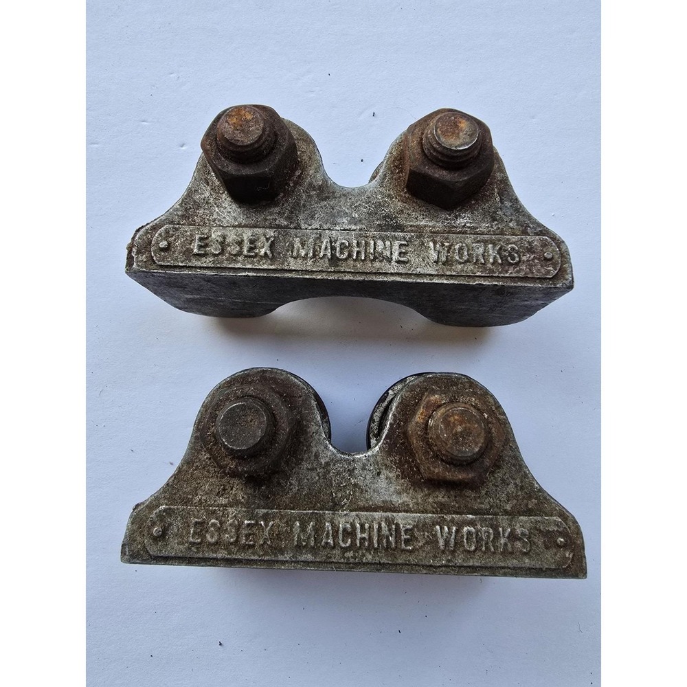 Vintage ESSEX MACHINE WORKS Industrial Cable Roller Clamp Pair Early Mid 20th